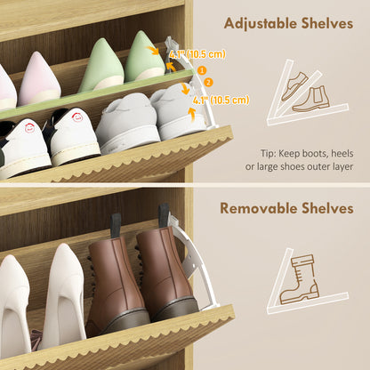 Narrow Shoe Cabinet, Shoe Storage Cabinet with 2 Flip Drawers, Oak