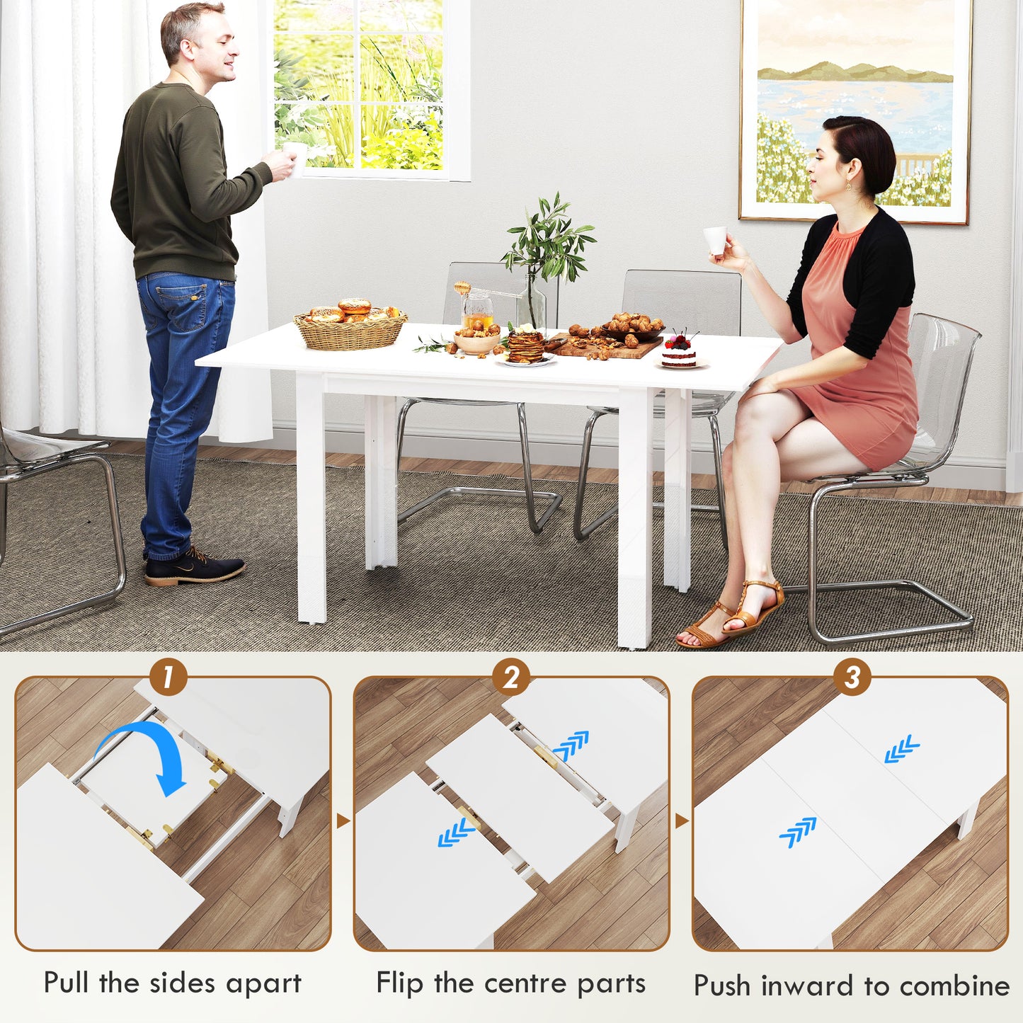 Extendable Dining Table, Seats 4-6 People, High Gloss White