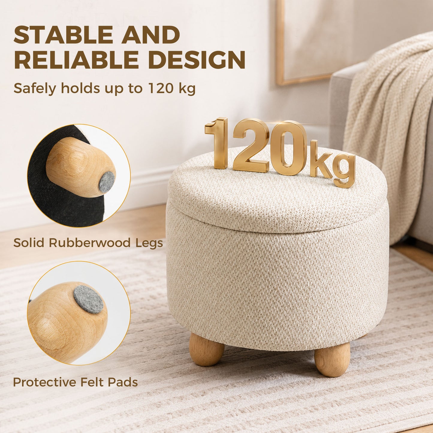 Round Storage Ottoman with Reversible Lid, Beige