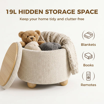 Round Storage Ottoman with Reversible Lid, Beige