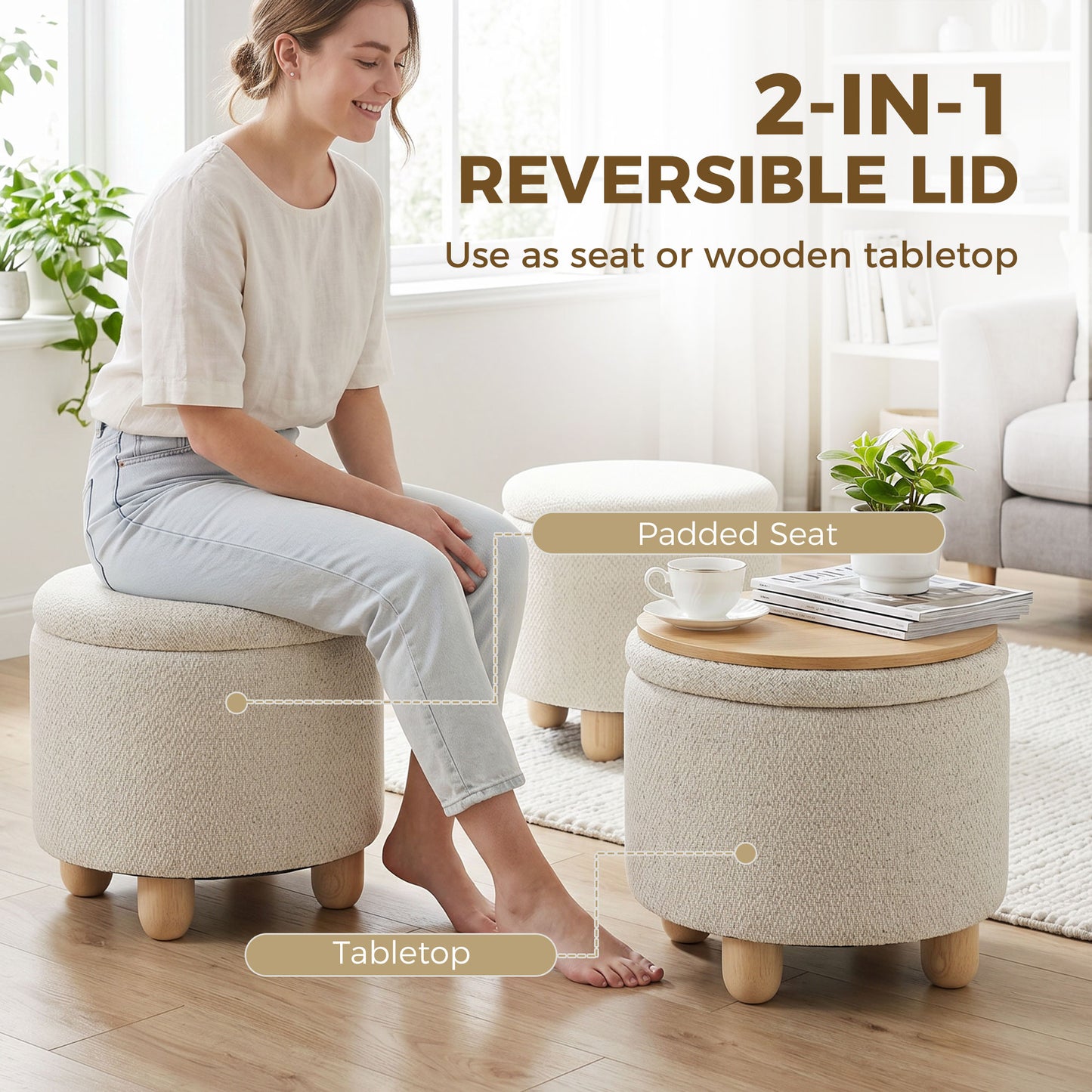 Round Storage Ottoman with Reversible Lid, Beige