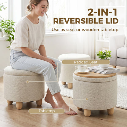 Round Storage Ottoman with Reversible Lid, Beige