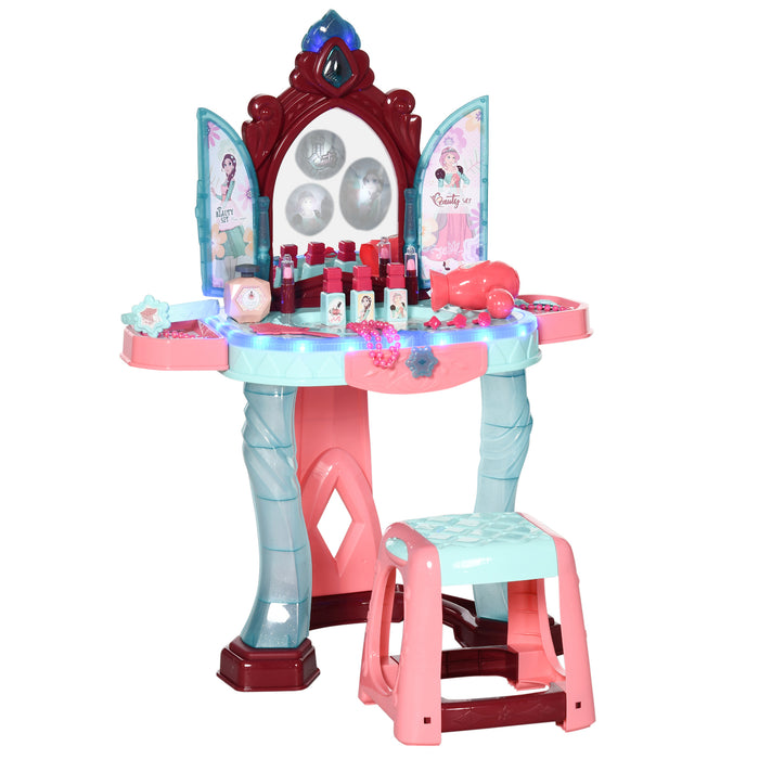 31 PCS Kids Dressing Table Set with Magic Princess Mirror, Musical Pretend Toy W/ Beauty Kit Mirror & Music, for 3-6 Years Old Blue+Pink