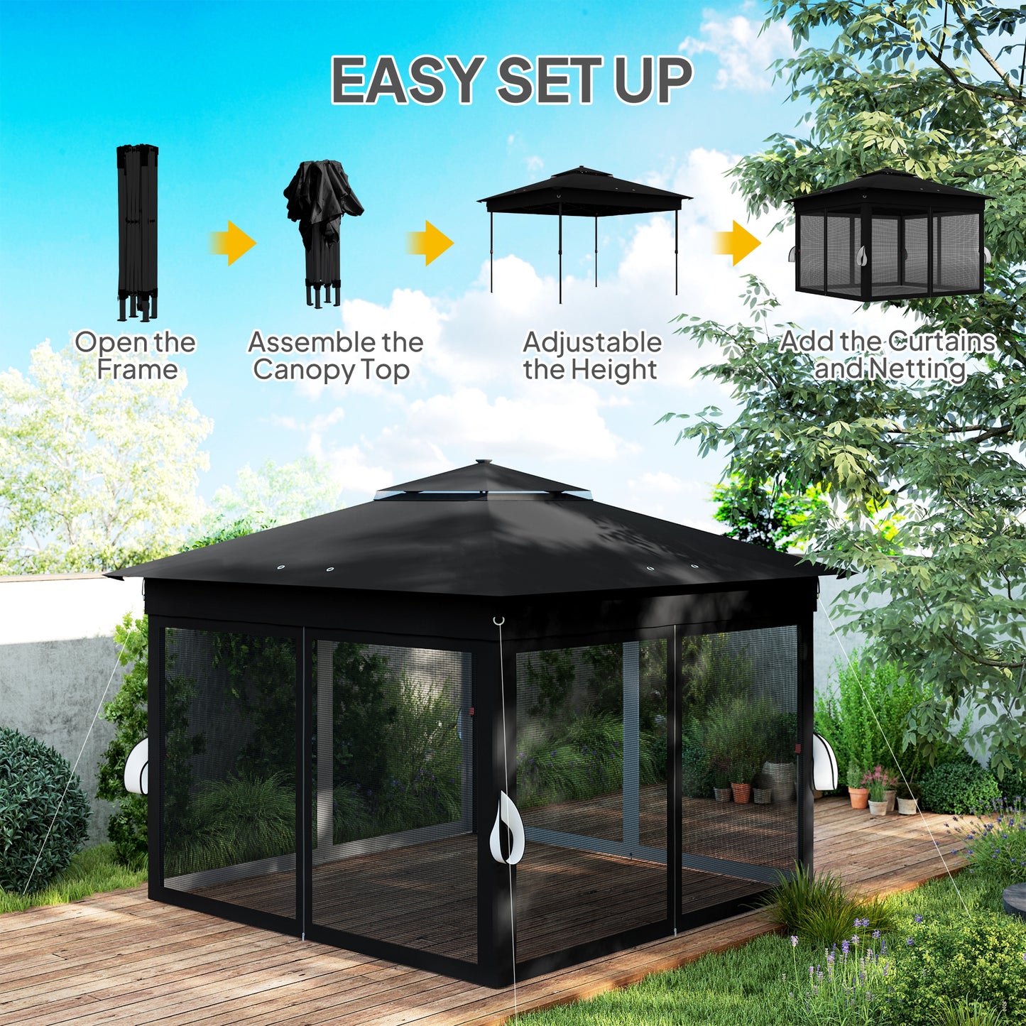 3x3(m) Pop Up Gazebo w/ Solar-Powered LED Lights Netting Black