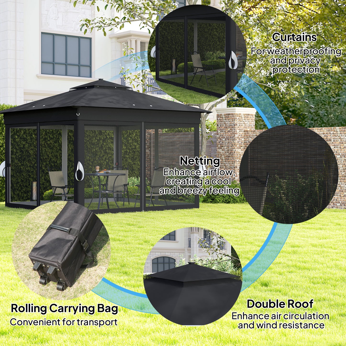 3x3(m) Pop Up Gazebo w/ Solar-Powered LED Lights Netting Black