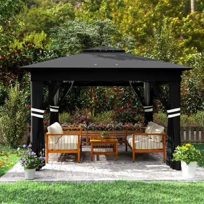 3x3(m) Pop Up Gazebo w/ Solar-Powered LED Lights Netting Black