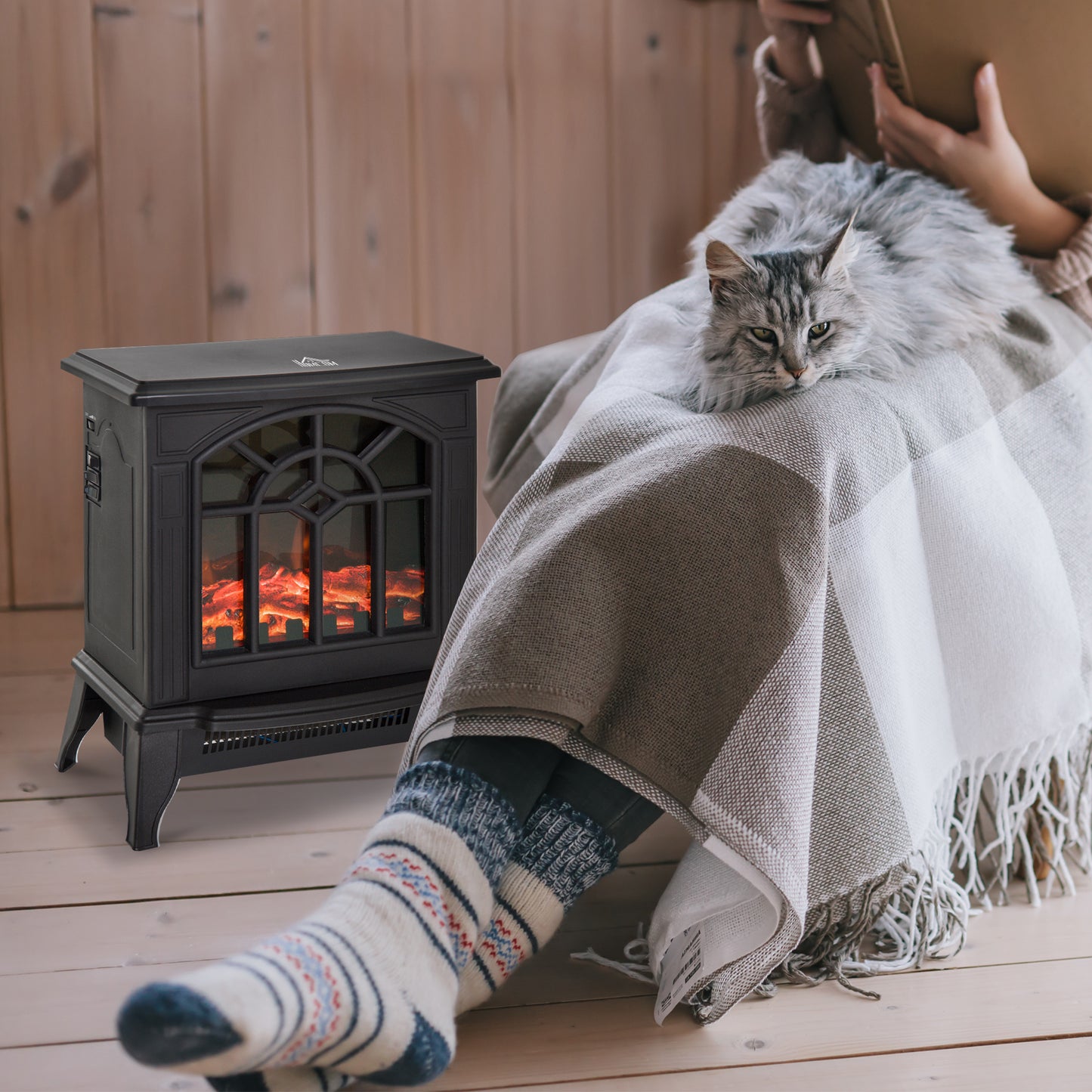 Freestanding Electric Fireplace Heater w/ LED Flame 1000W/2000W Black