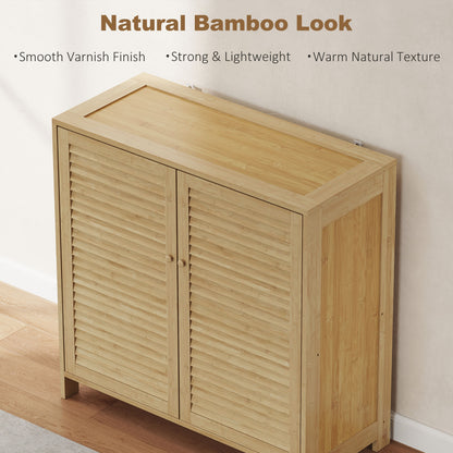 Bamboo Shoe Cabinet with Louvered Doors 14 Pairs Shoe Storage Cabinet