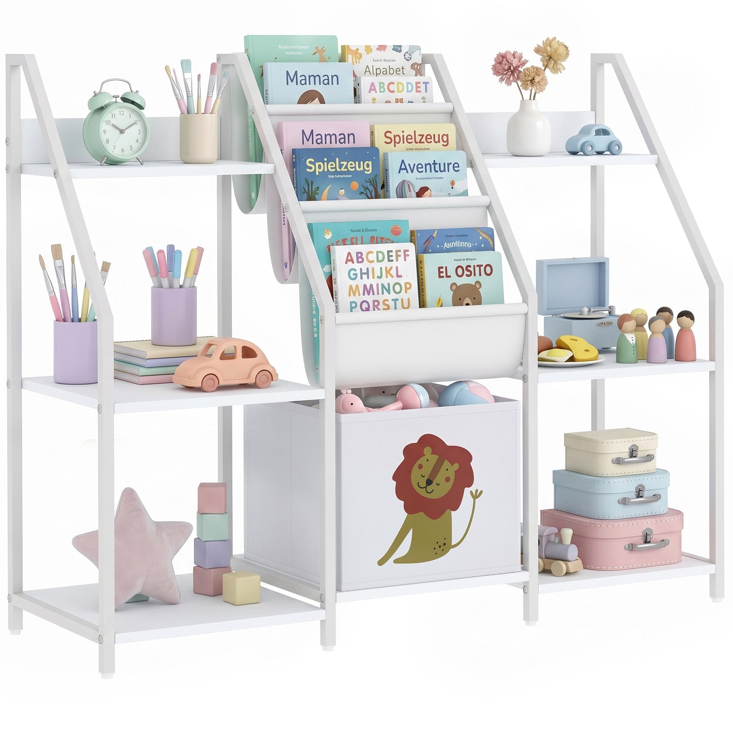 Kids Bookshelf and Toy Storage with 3-Tier Sling Book Rack, White