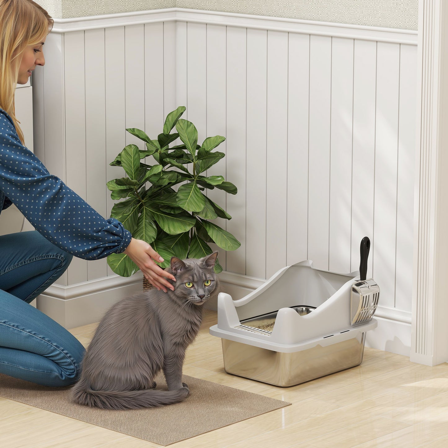 Stainless Steel Cat Litter Box with High Sides, 43 x 33 x 25 cm