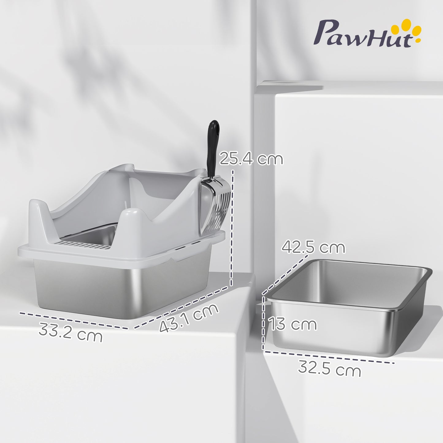 Stainless Steel Cat Litter Box with High Sides, 43 x 33 x 25 cm
