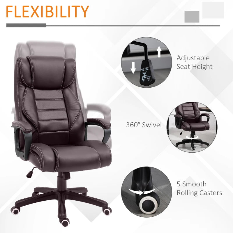 High Back Executive Office Chair 6-Point Vibration Massage Extra Padded Swivel Ergonomic Tilt Desk Seat, Brown
