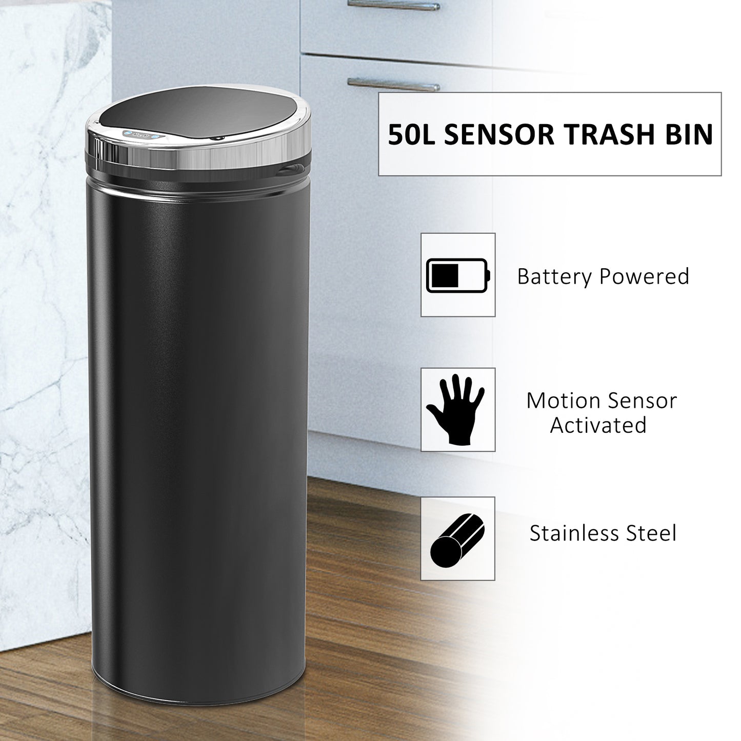Automatic Hand Sensor Dustbin Kitchen Waste Bin Rubbish Can 50L Black