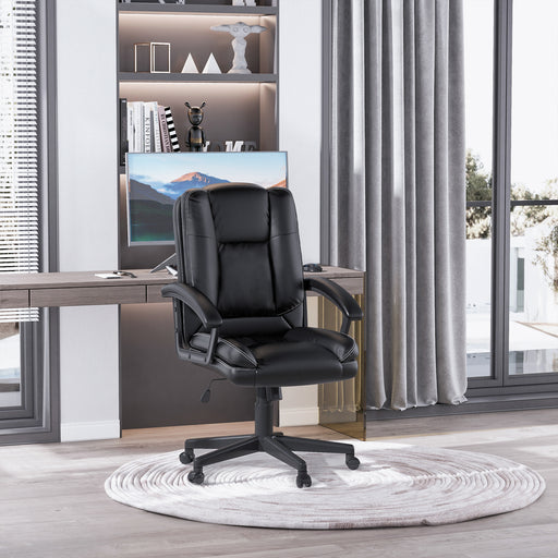 Swivel Executive Office Chair Mid Back Faux Leather Computer Desk Chair for Home with Double-Tier Padding, Arm, Wheels, Black