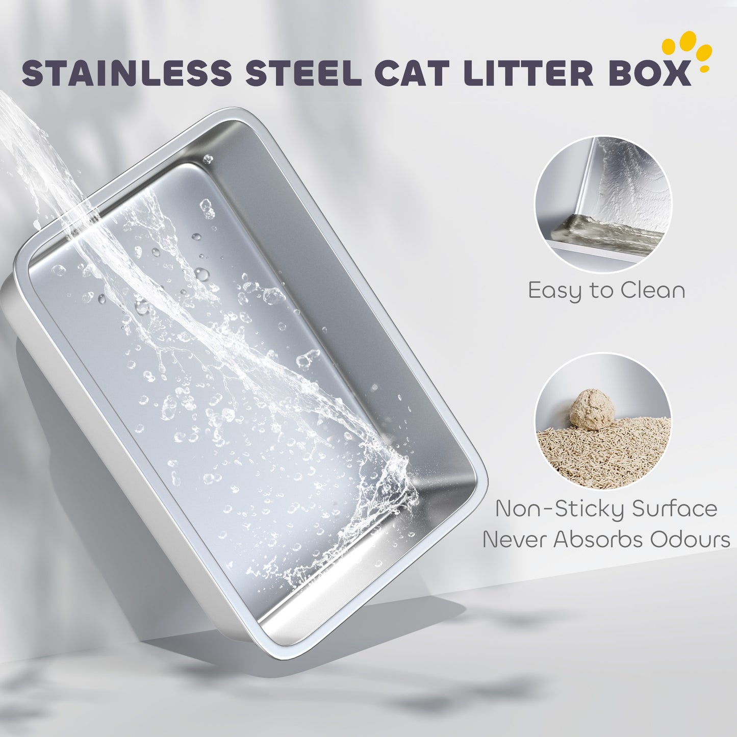 Stainless Steel Litter Box with Scoop, High Sided Cat Litter Tray