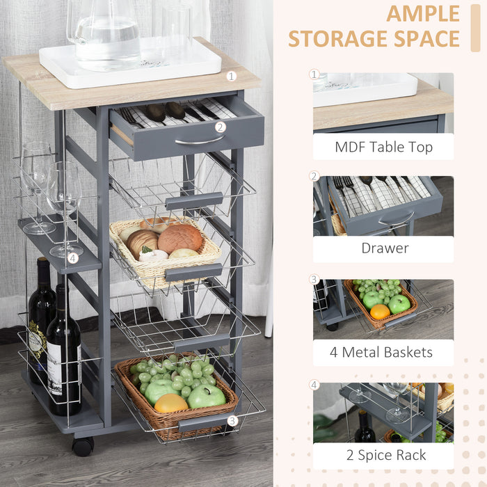 Kitchen Trolley, Multi-Use Kitchen Island w/ 4 Baskets 2 Side Racks 4 Wheels Food Storage Smooth Rolling Compact Furniture Grey