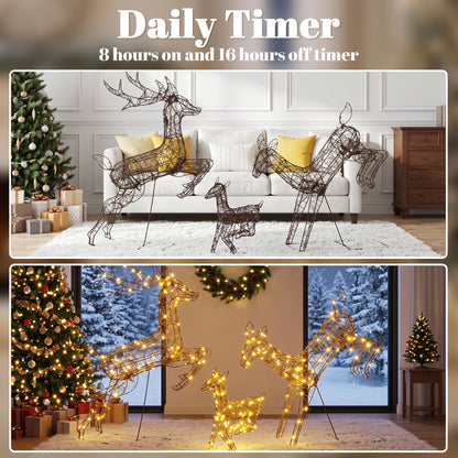 3-Piece Light Up Deer Family Set of 3 with 200 LED Lights, Brown