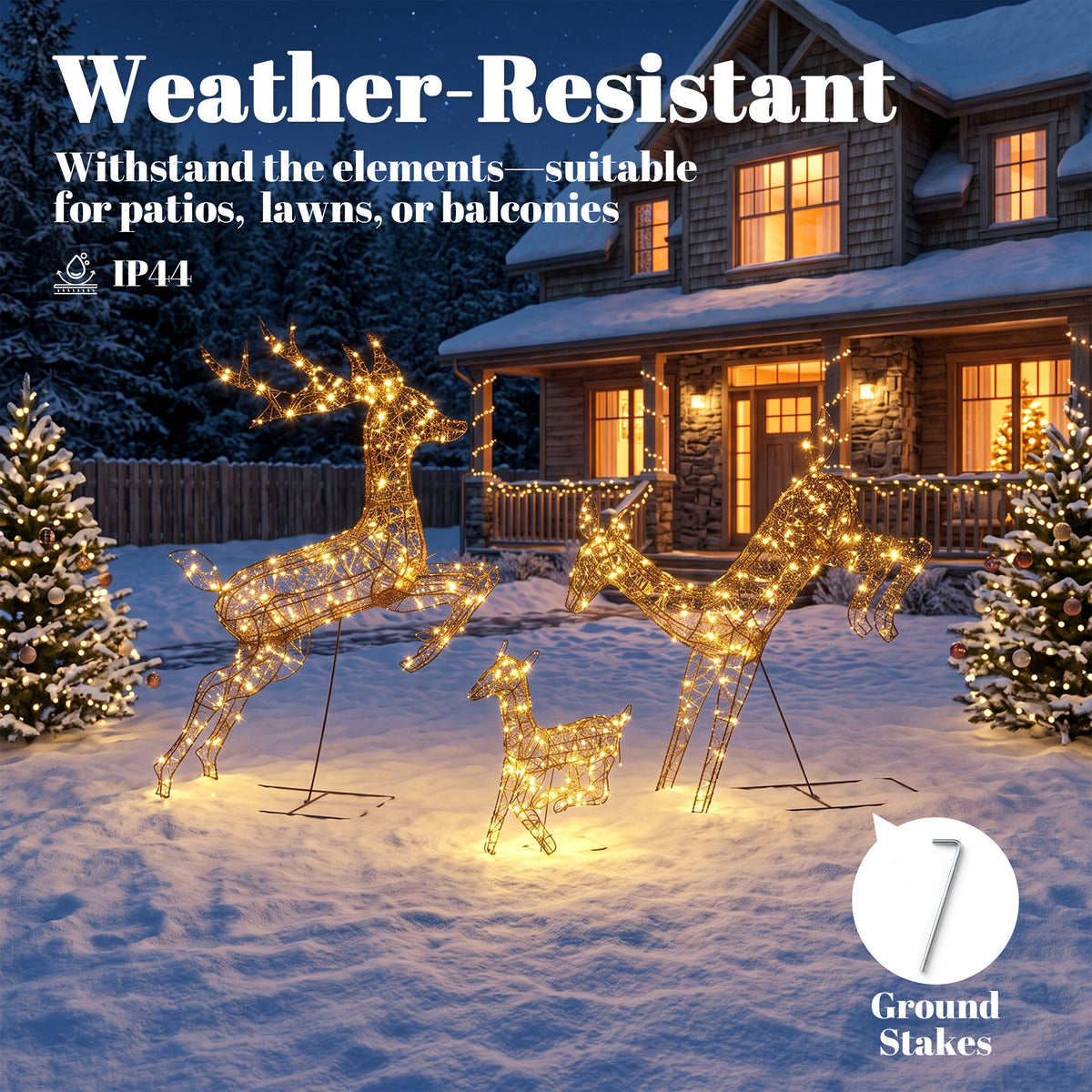 3-Piece Light Up Deer Family Set of 3 with 200 LED Lights, Brown