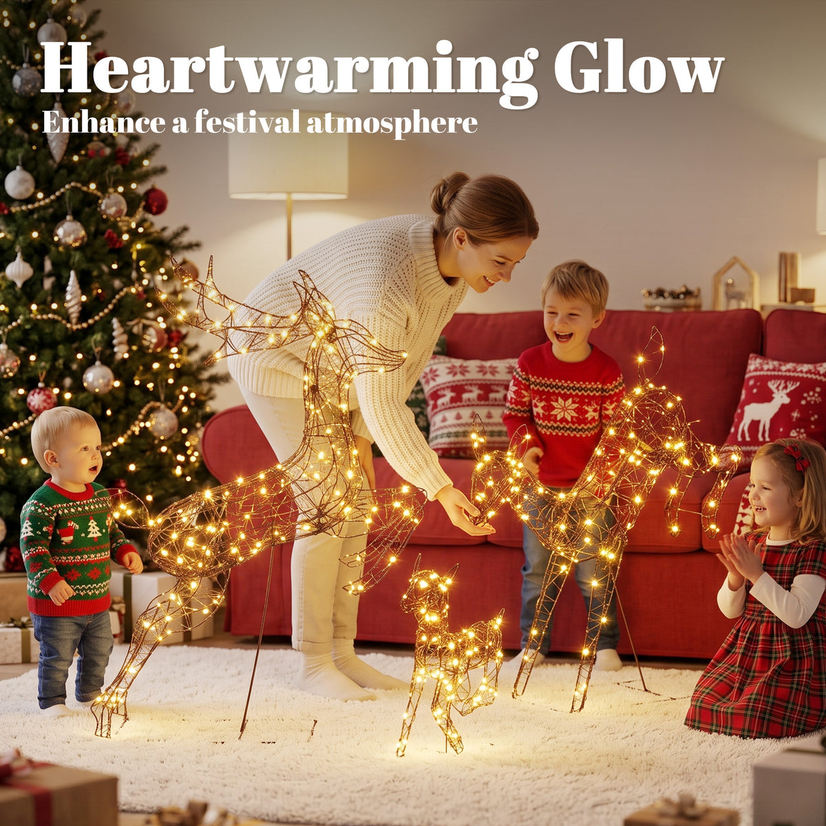 3-Piece Light Up Deer Family Set of 3 with 200 LED Lights, Brown