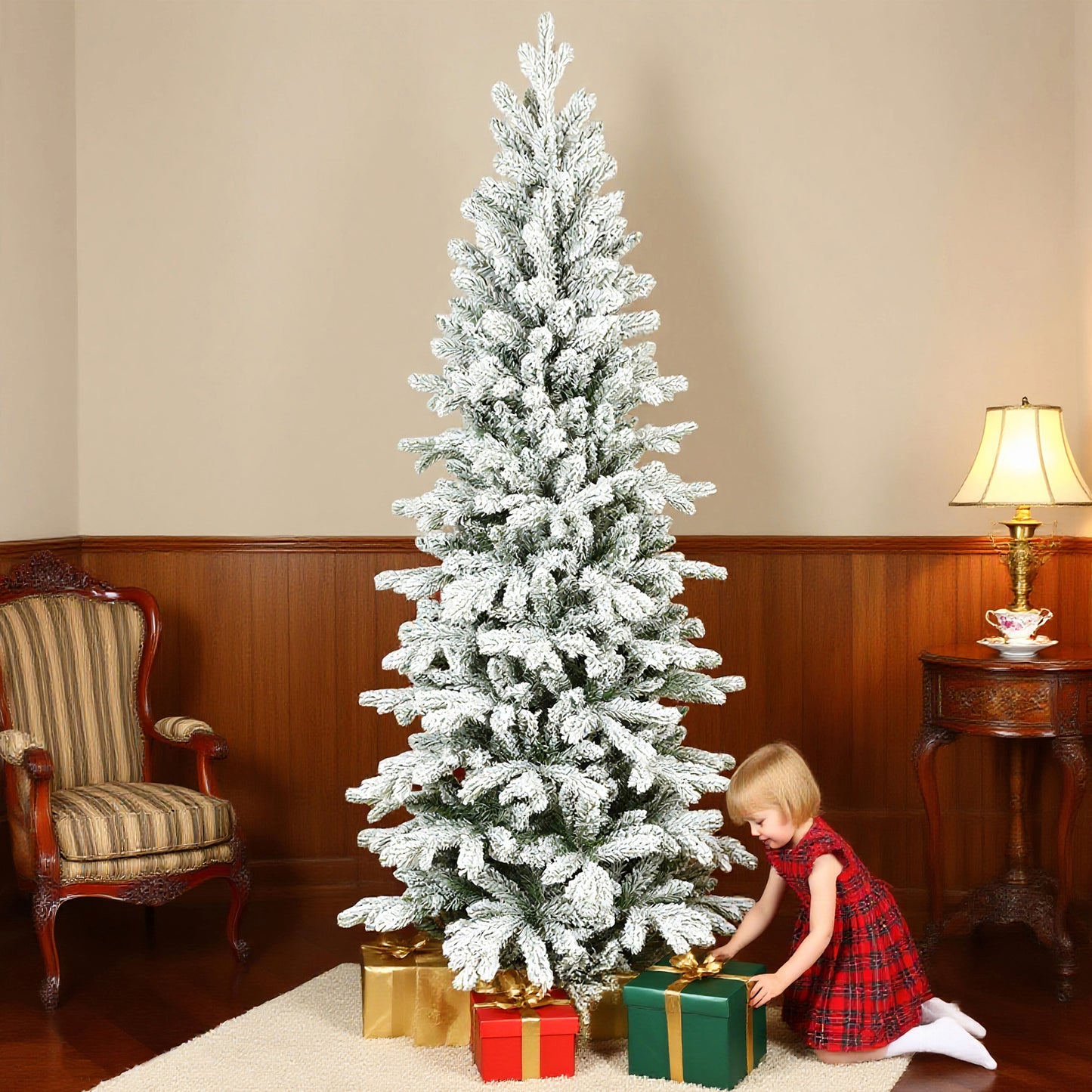 7ft Pencil Christmas Tree with Snow, Realistic Tips, Easy Assembly