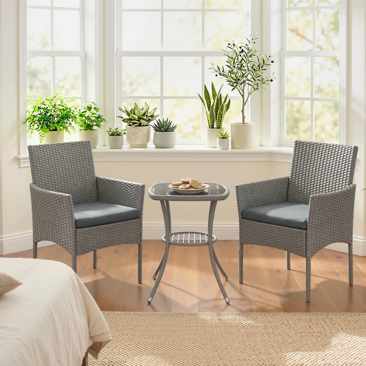3 Piece Rattan Bistro Set with 2 Tier Glass-Top Table, Chairs