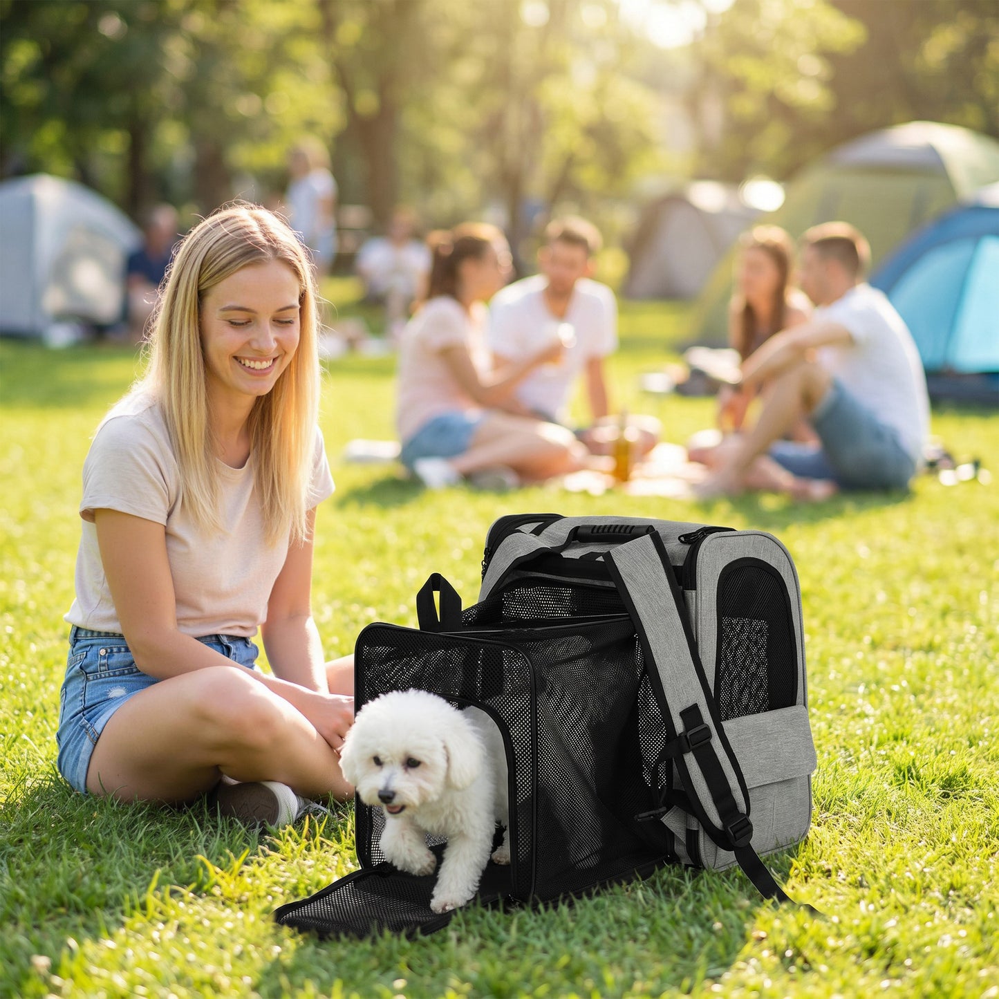 Dog Carrier Backpack Expandable, Breathable Pet Carrier Bag for Small Puppy Cat with Reflective Strip and 5 Pockets, for Travel Hiking Walking Camping, Light Grey