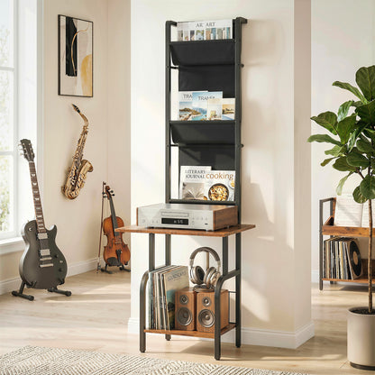 Vinyl Record Player Stand with Oxford Pockets Rustic Brown and Black
