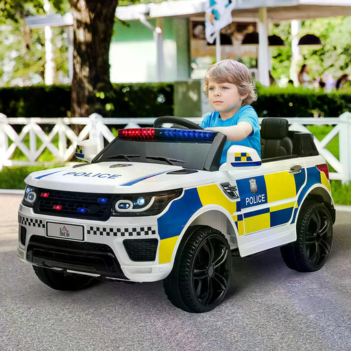 12V Kids Portable Electric Ride On Police Car with Parental Remote Control Siren Flashing Lights USB Bluetooth for 3-6 Years White