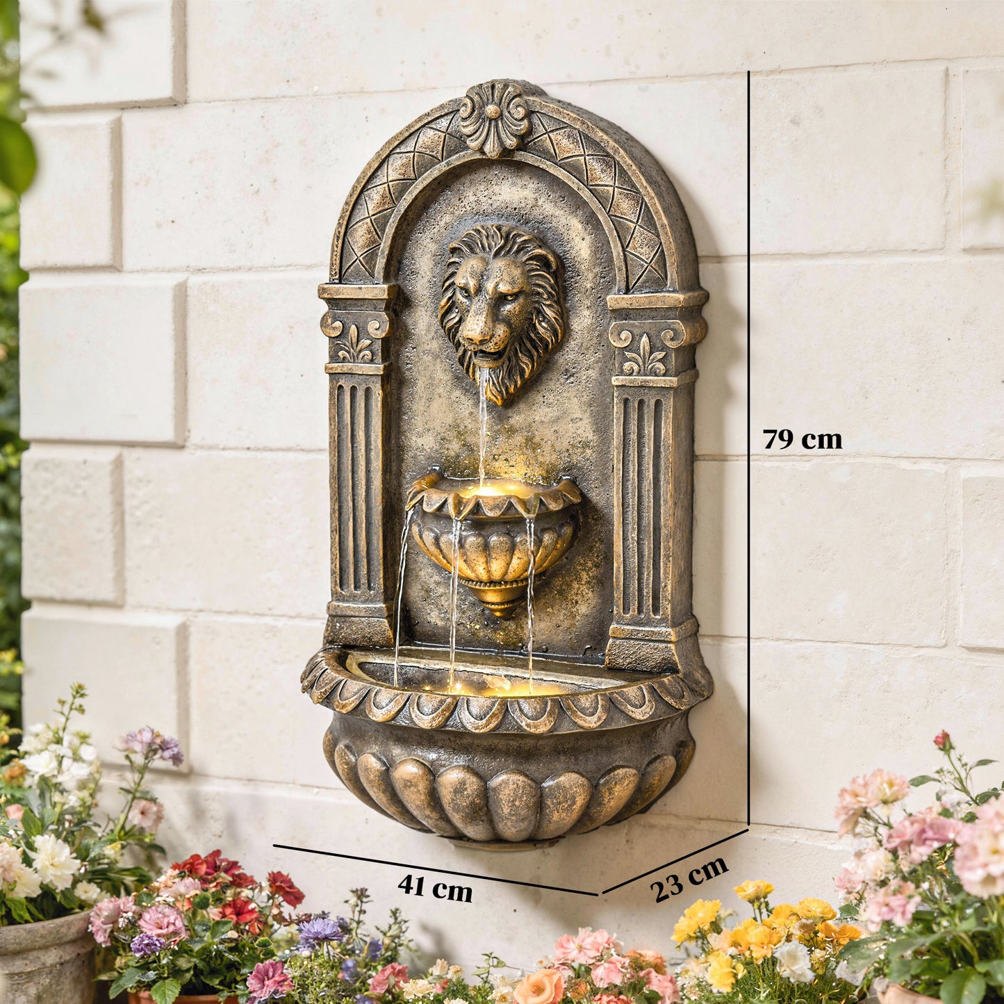 Wall-Mounted Water Fountain, Garden Water Feature with LED Lights