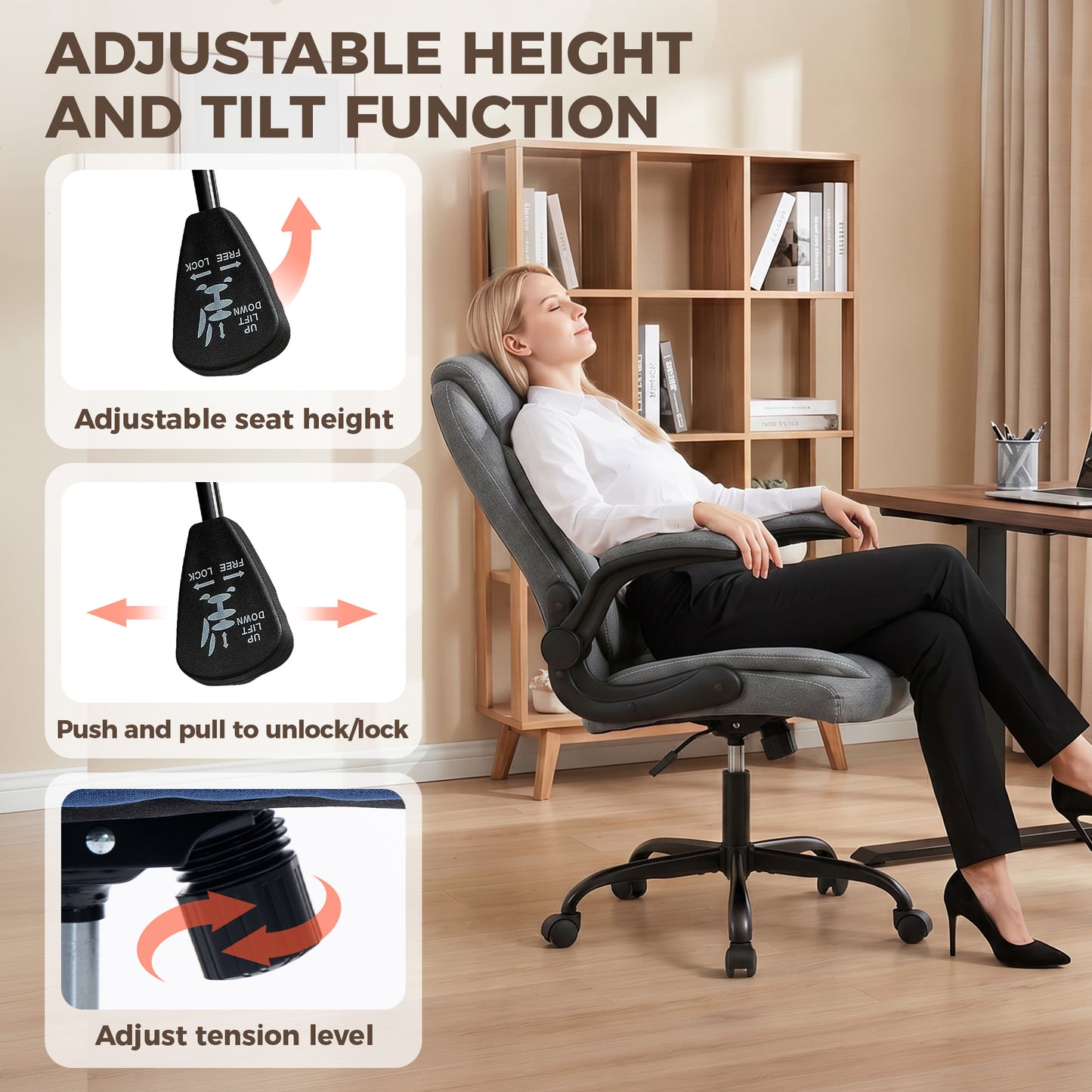Linen-Look Computer Desk Chair with Thick Cushion, Grey