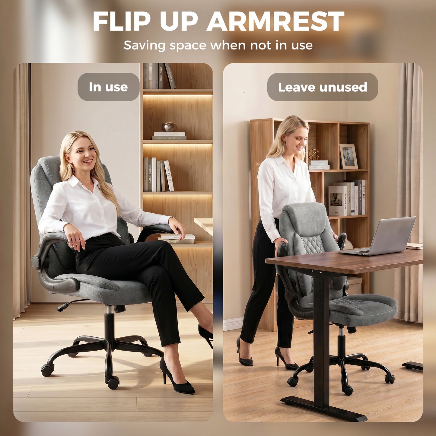 Linen-Look Computer Desk Chair with Thick Cushion, Grey