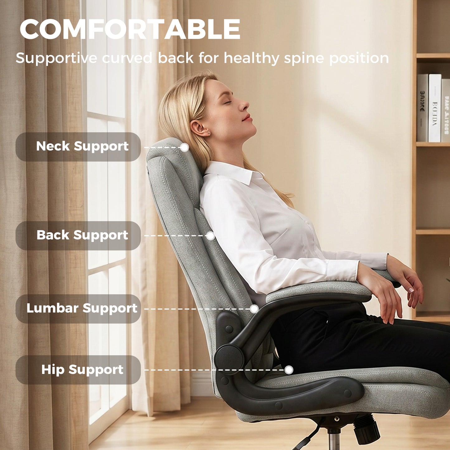 Linen-Look Computer Desk Chair with Thick Cushion, Grey