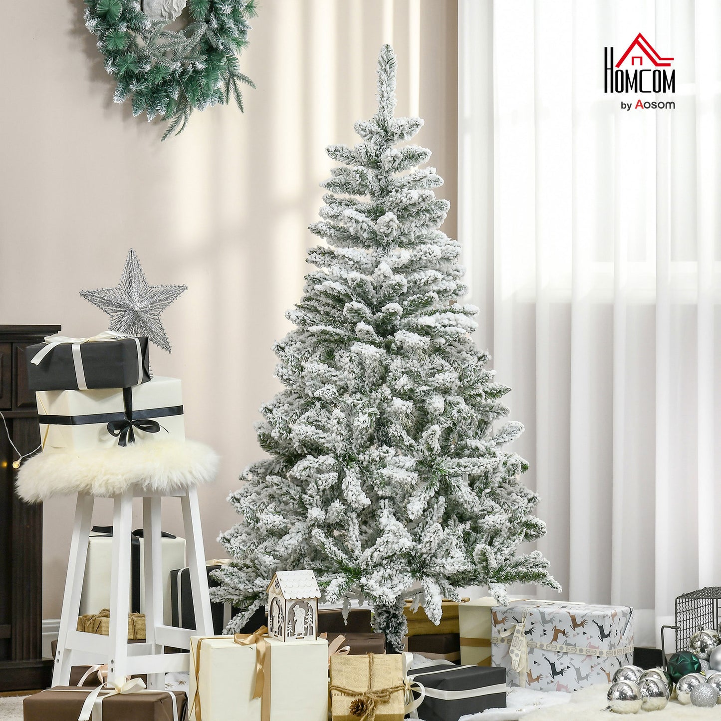 5ft Snow Flocked Artificial Christmas Tree w/ Realistic Branch Tips