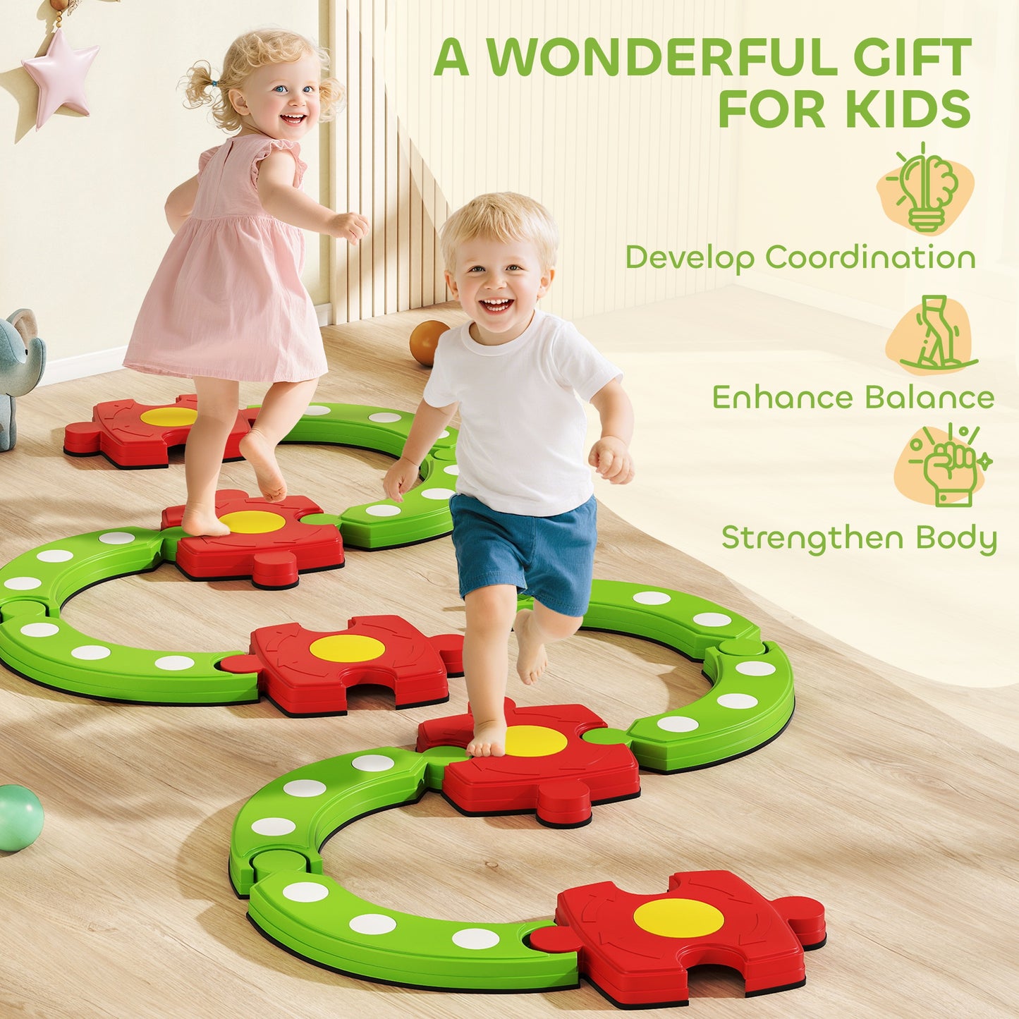 Kids Stepping Stones Balance Beam, Outdoor Indoor Sensory Toy Green