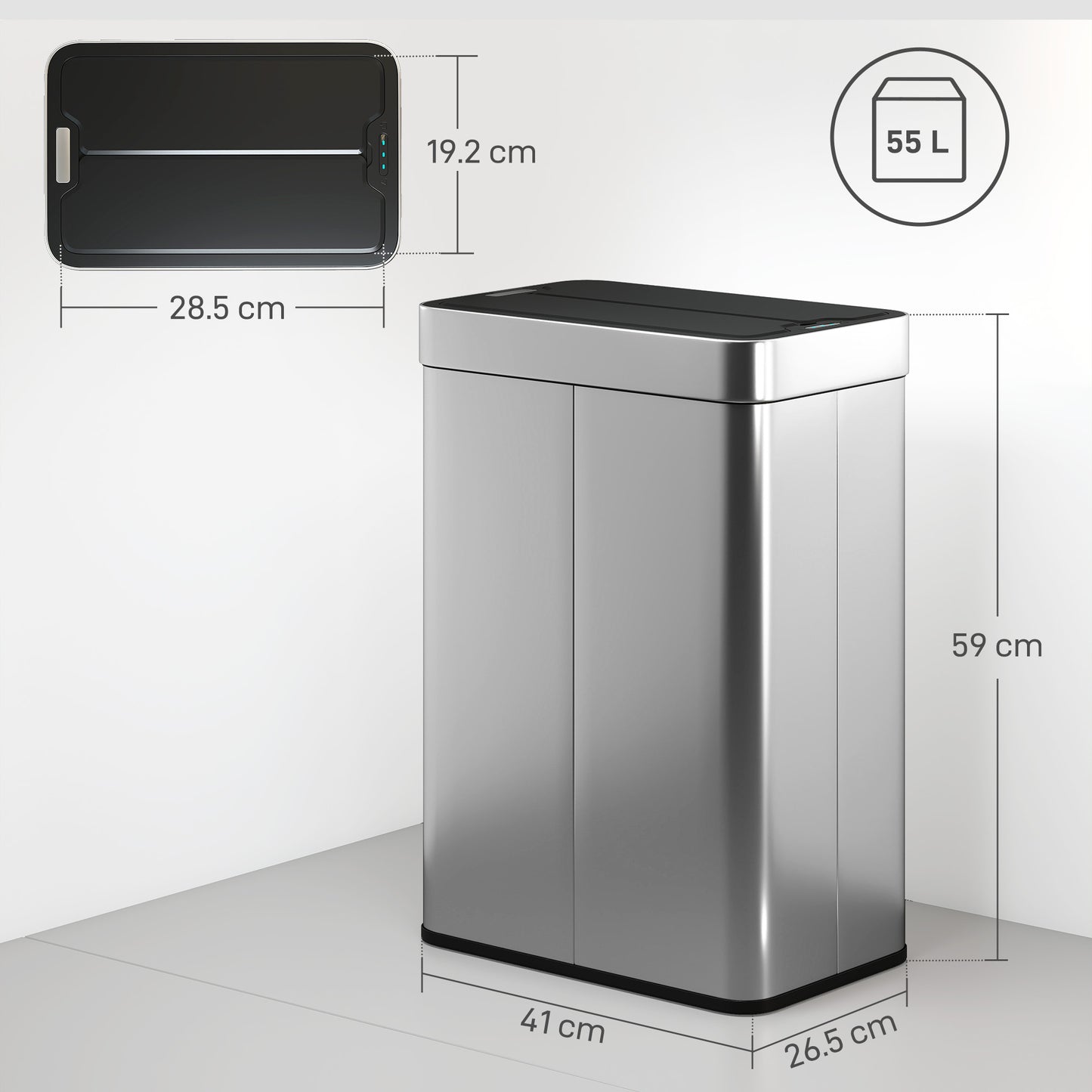 55L Sensor Bin, Large Automatic Touchless Rubbish Bin with Soft-Close Lid, Fingerprint-Proof Stainless Steel, Rectangular Trash Can for Kitchen, Gym, Home Office, Silver Tone