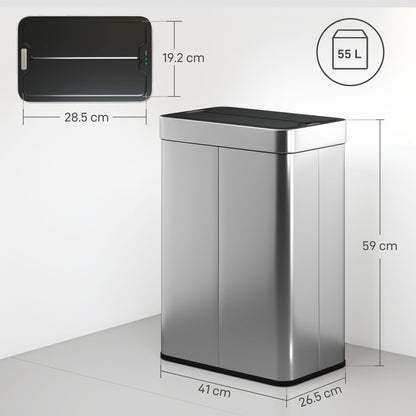 55L Sensor Bin, Large Automatic Touchless Rubbish Bin with Soft-Close Lid, Fingerprint-Proof Stainless Steel, Rectangular Trash Can for Kitchen, Gym, Home Office, Silver Tone