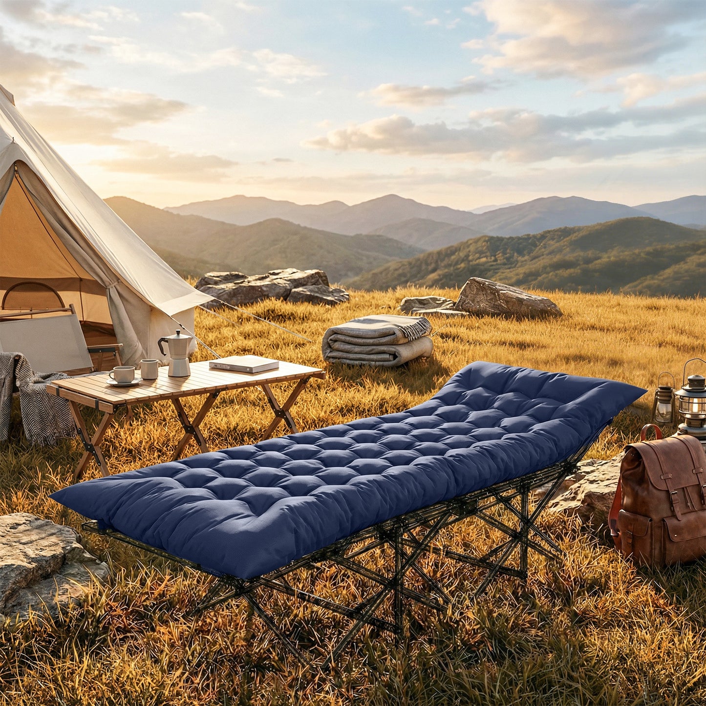 Sleeping Mat, Foldable Camping Pad with Elastic Straps Dark Blue