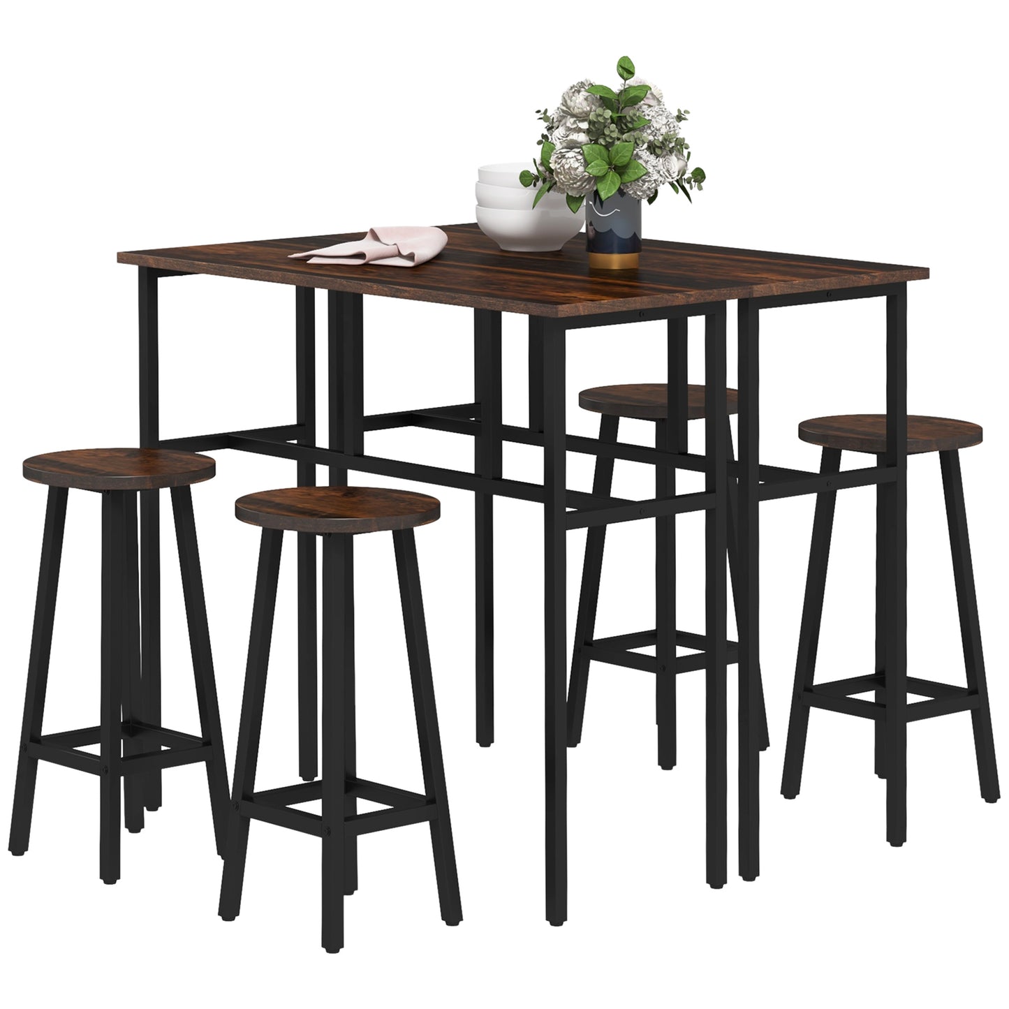 6-Piece Industrial Bar Table Set, 2 Kitchen Tables with 4 Stools, Brown