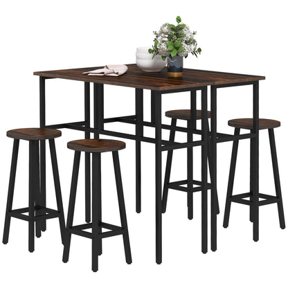 6-Piece Industrial Bar Table Set, 2 Kitchen Tables with 4 Stools, Brown