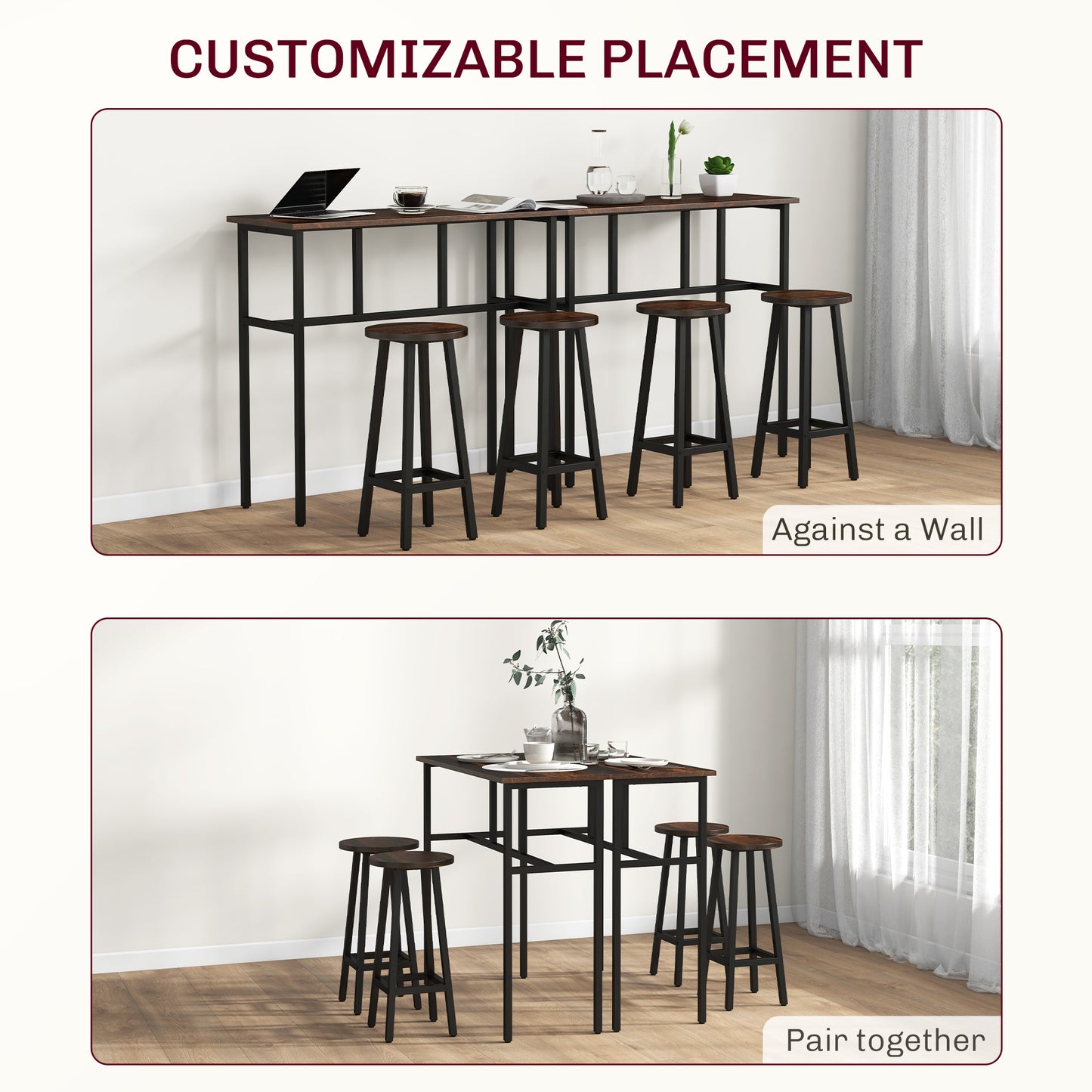 6-Piece Industrial Bar Table Set, 2 Kitchen Tables with 4 Stools, Brown