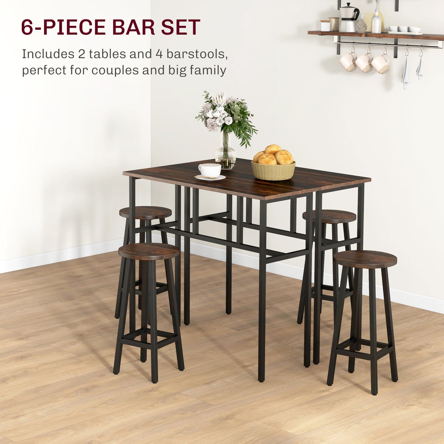 6-Piece Industrial Bar Table Set, 2 Kitchen Tables with 4 Stools, Brown