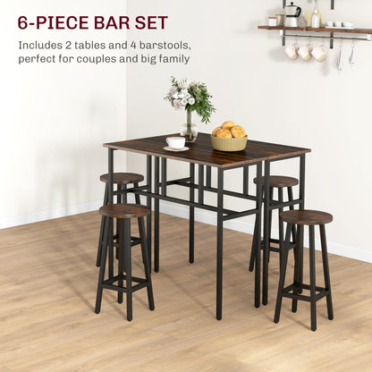 6-Piece Industrial Bar Table Set, 2 Kitchen Tables with 4 Stools, Brown