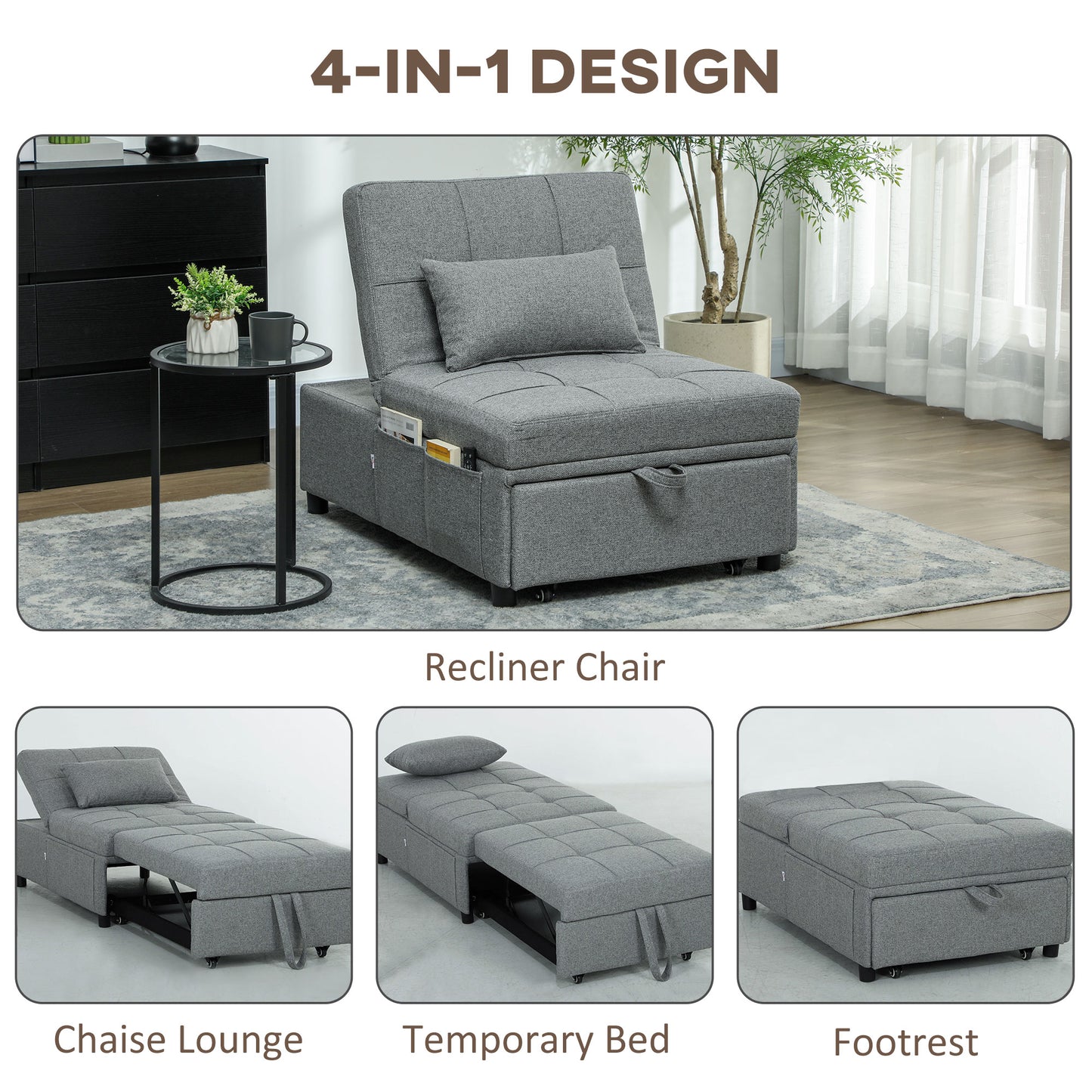 4-in-1 Pull Out Sleeper Chair Bed with Pockets, Light Grey