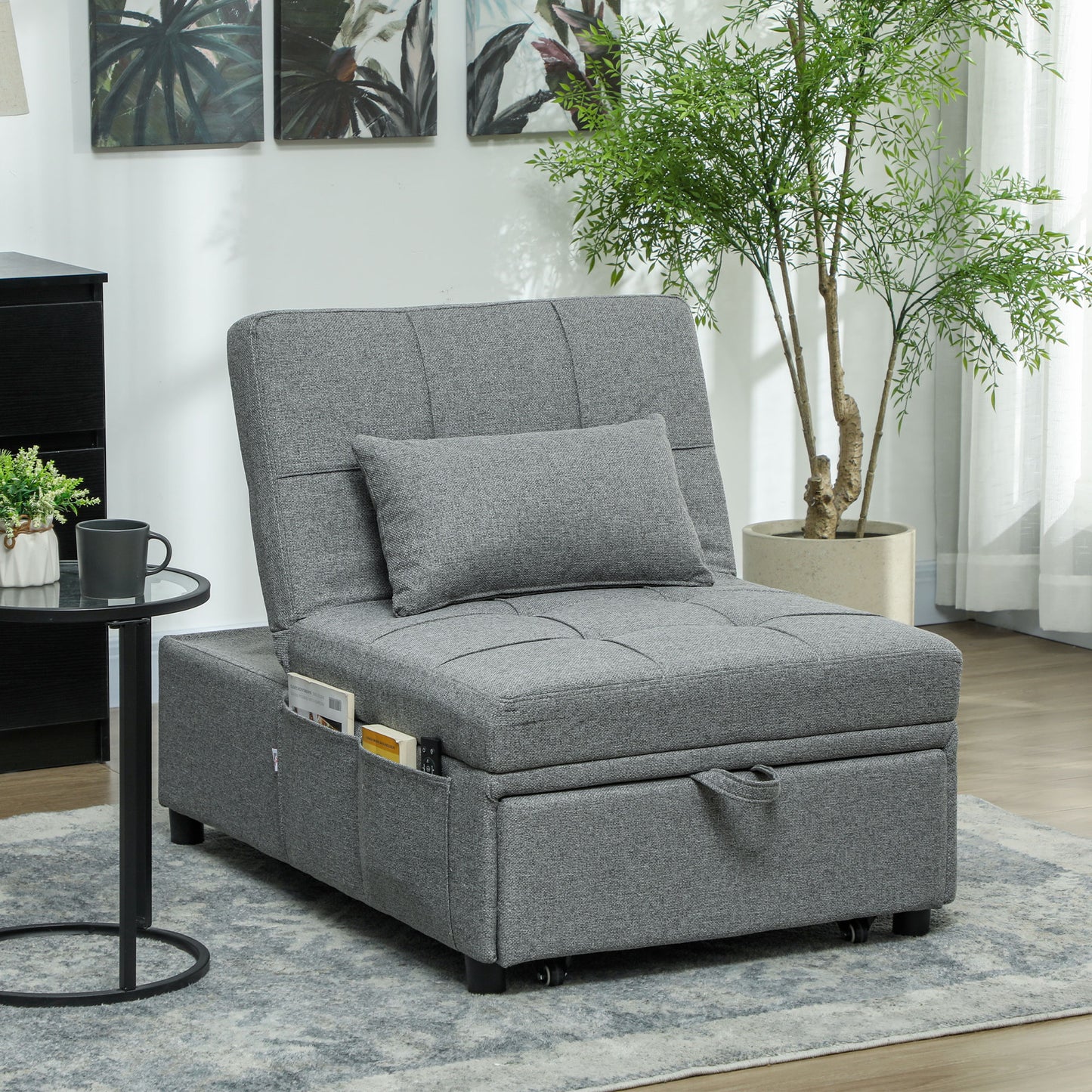 4-in-1 Pull Out Sleeper Chair Bed with Pockets, Light Grey