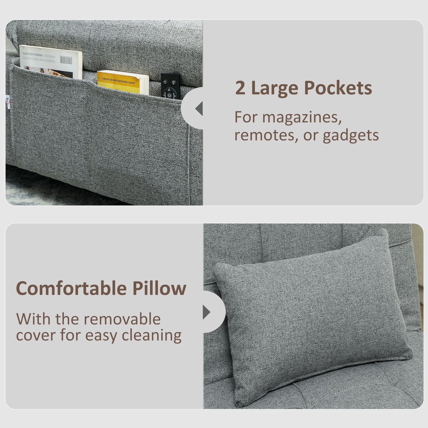 4-in-1 Pull Out Sleeper Chair Bed with Pockets, Light Grey