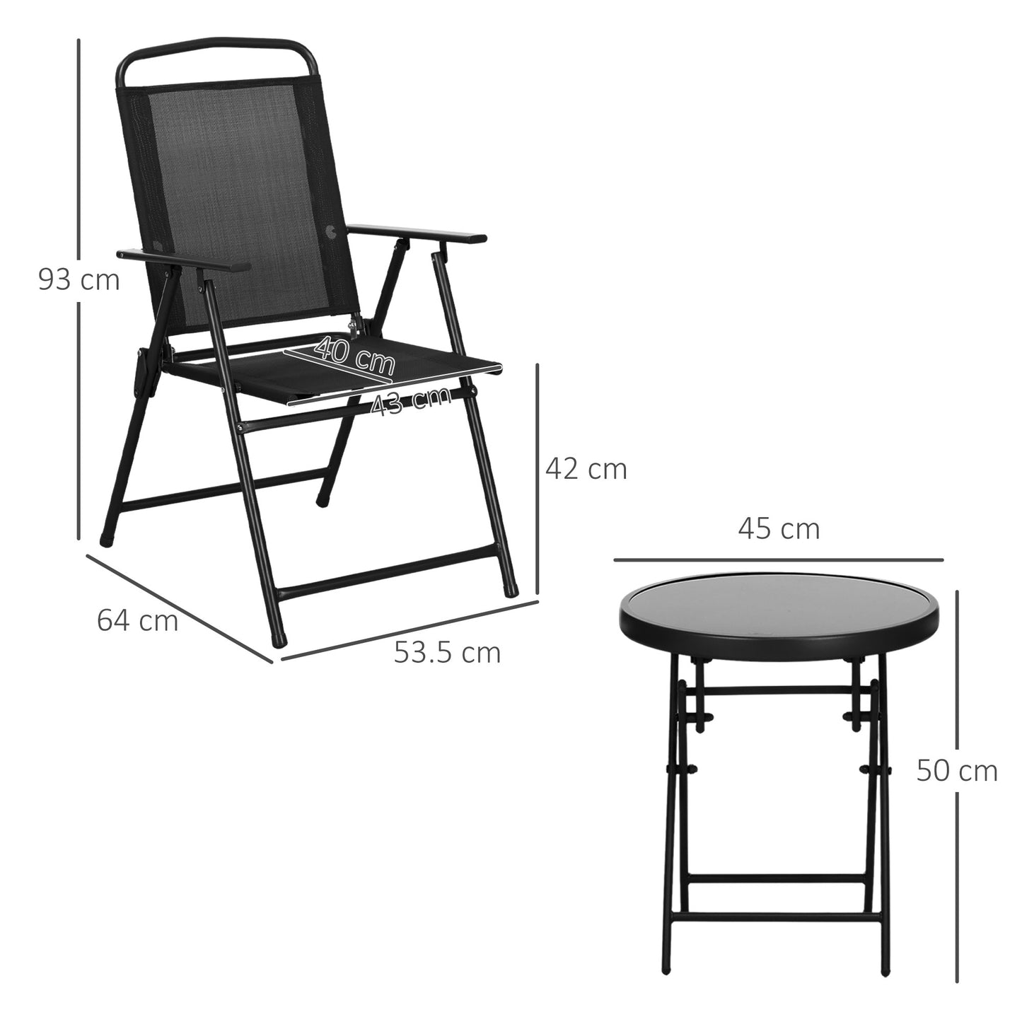 Bistro Set Folding Chairs & Coffee Table for Balcony, Black