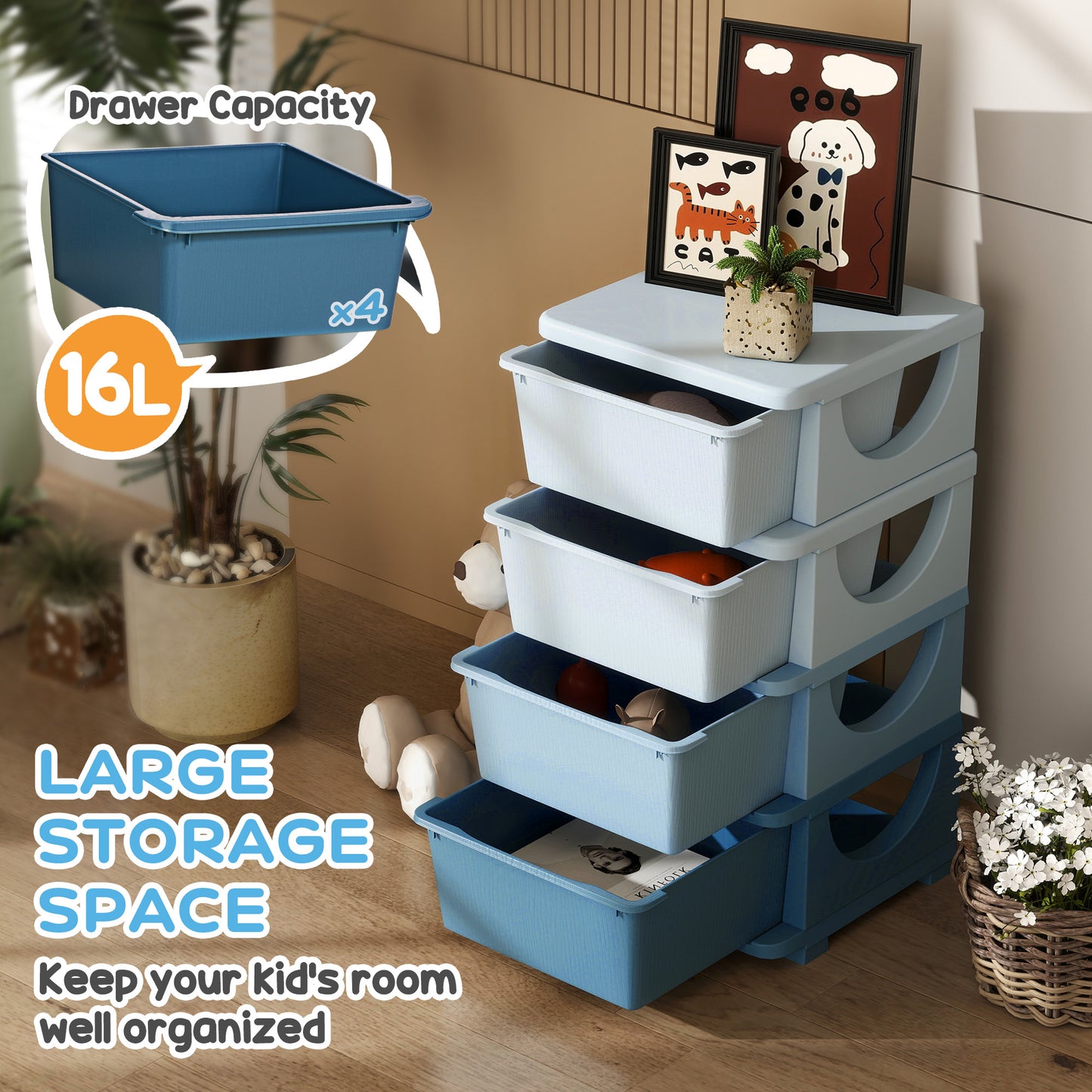 Kids Storage Units with Drawers 4 Tier Chest Dresser Tower Blue