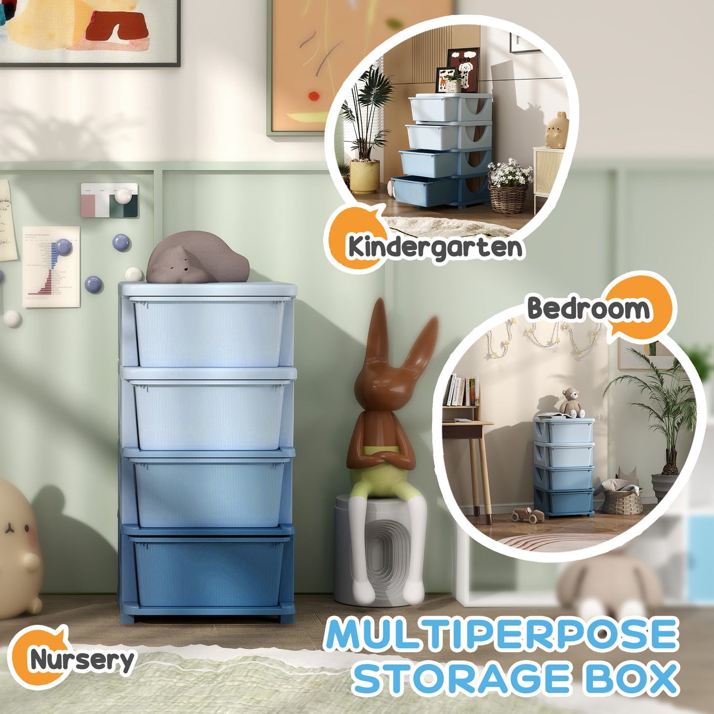 Kids Storage Units with Drawers 4 Tier Chest Dresser Tower Blue