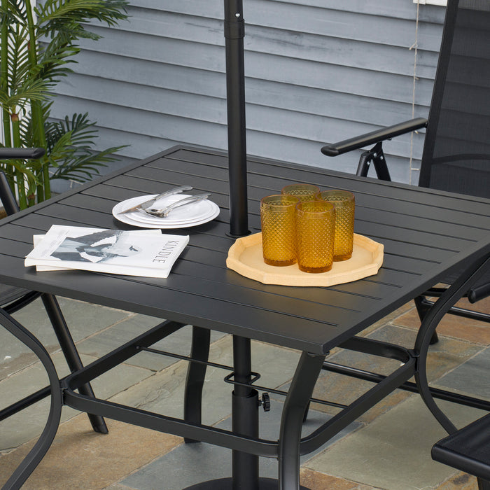 Garden Table with Parasol Hole, Outdoor Dining Garden Table for Four, Square Patio Table with Slatted Metal Plate Top, Black