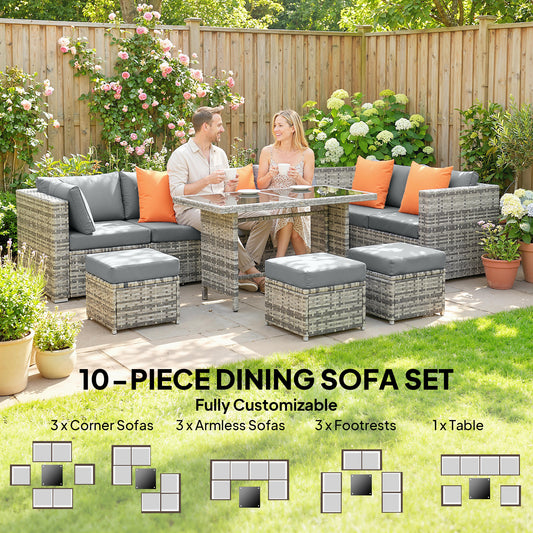 10 Piece Rattan Garden Furniture Set, 2 Corner Sofas with 4 Chairs, 4 Stools and Coffee Table, Outdoor Patio Furniture